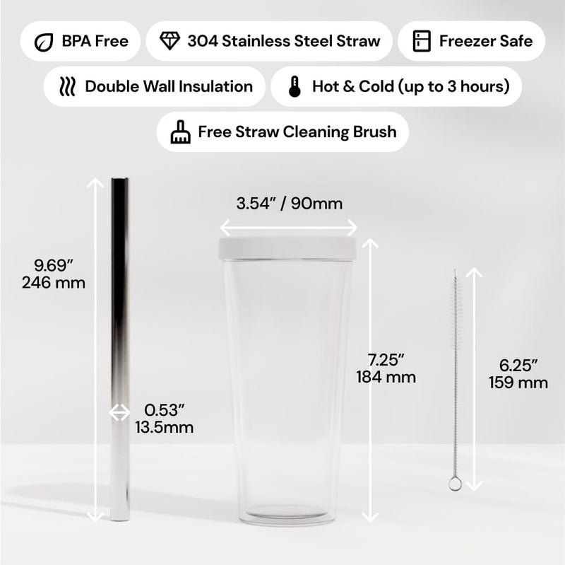 Dodoko Reusable Boba Cup with Resealable Lid Plug - 17 Oz Double Wall Insulated | Smoothie Tumbler | Wide Stainless Steel Straw For Bubble Tea, Boba Pearls - White - Image 3